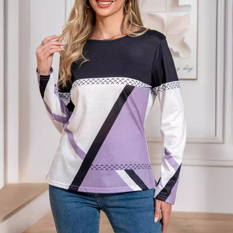 Spring and Autumn Elegant Geometric Contrast Top Long Sleeve T-Shirt m301645