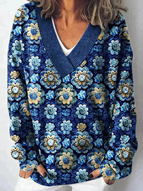 Autumn and winter imitation sweater printing foreign trade new women's pullover V-neck casual fashion long-sleeved top m302113