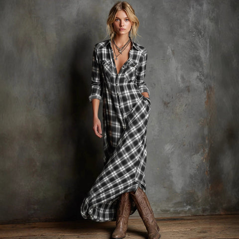 Temperament elegant long-sleeved plaid shirt skirt fashion plaid shirt collar dress m302504