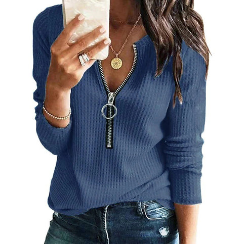 Knitted V-neck Long-Sleeve Zipper Top plus Size T-shirt Female M300174