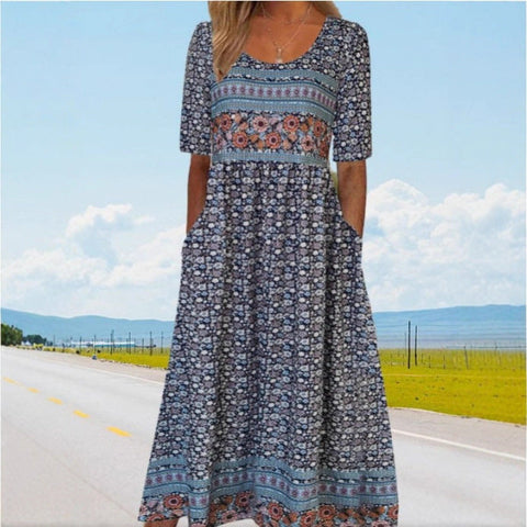 Up and down splicing pocket size printing large wide dress m302623