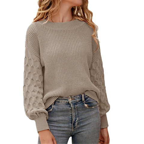 Long Sleeve Crew Neck Sweater Commuter Lantern Sleeve Knitted Top m300511
