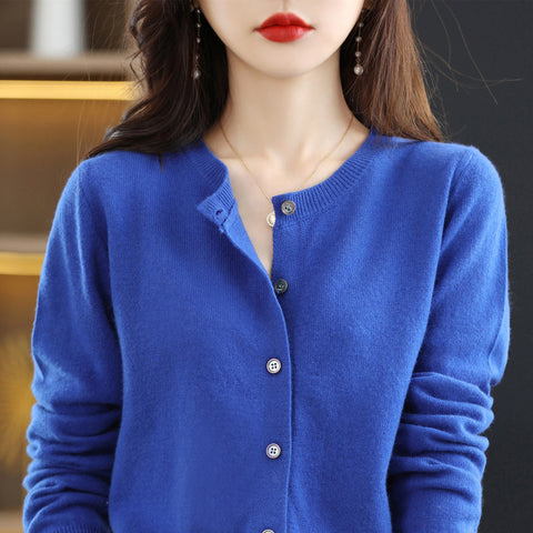 Knitted cardigan early spring crew neck sweater women's long-sleeved solid color versatile jacket women's m301748