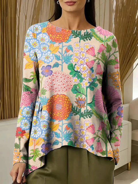 Women's Crew Neck Digital Print Long Sleeve Shrink Fold T-Shirt m302465