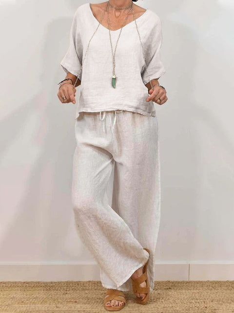 Casual V-neck pullover five-quarter sleeves plus trousers multi-colored women's two-piece set m301430