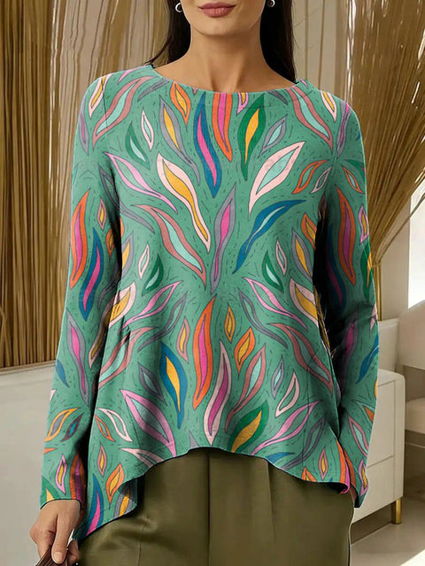 Women's Crew Neck Digital Print Long Sleeve Shrink Fold T-Shirt m302465