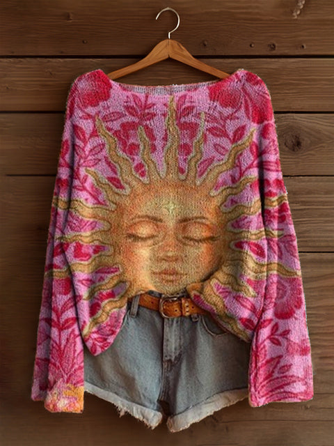 Vacation print casual cape top crew neck knitted sweater m302130