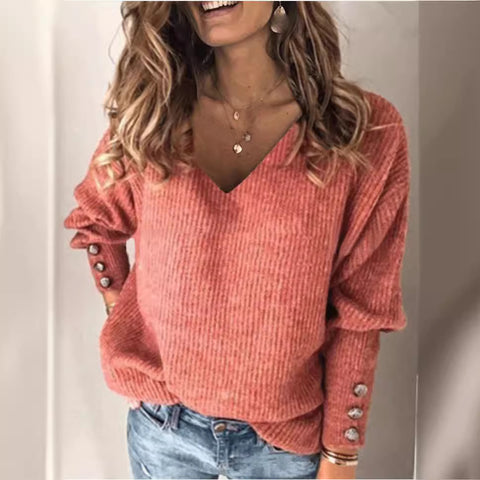 Solid color versatile knitted V-neck loose long-sleeved T-shirt m300587