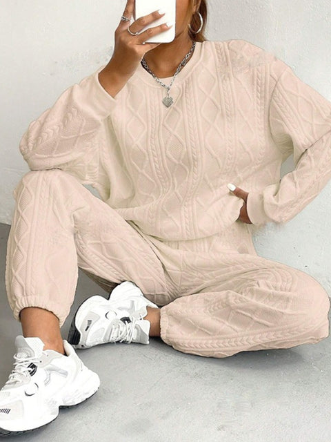 Women's twist splicing long-sleeved crew neck top corset trousers two-piece set m302008