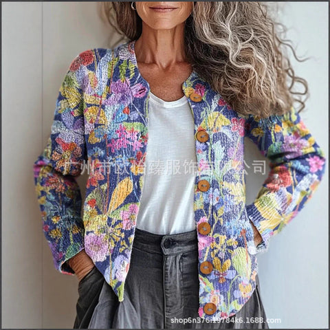 Autumn new colorful warm sunshine flower sea printed button cardigan m301725
