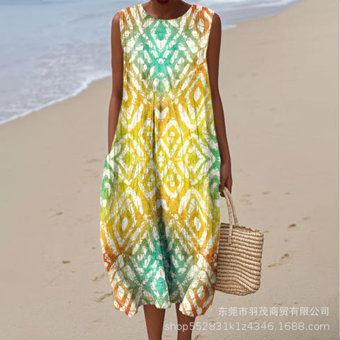 New sleeveless casual printing temperament long dress dress slim fit small fresh casual dress m301521