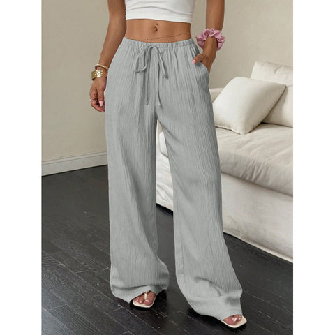 Casual solid color textured fabric knotted waist diagonal pocket wide leg pants m302809