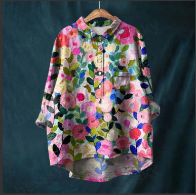 Long Sleeve Bamboo Linen Printing Fashion Versatile Lapel Shirt m301040