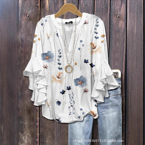 Creative floral element printing digital printing casual trend V-neck lotus edge T-shirt m301352