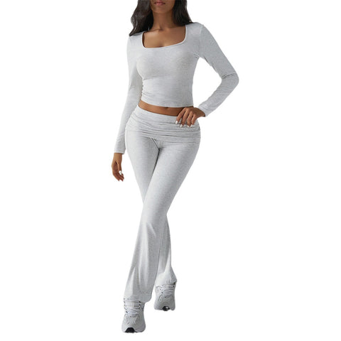 Solid color casual knitted long-sleeved top yoga suit two-piece pants set m301815