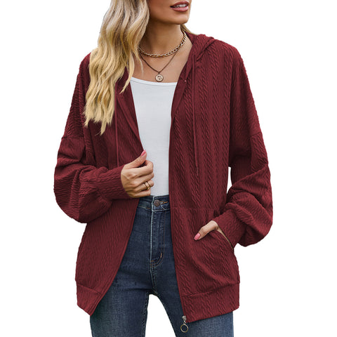 Solid color pocket long sleeve loose hooded sweater women's jacket m300392