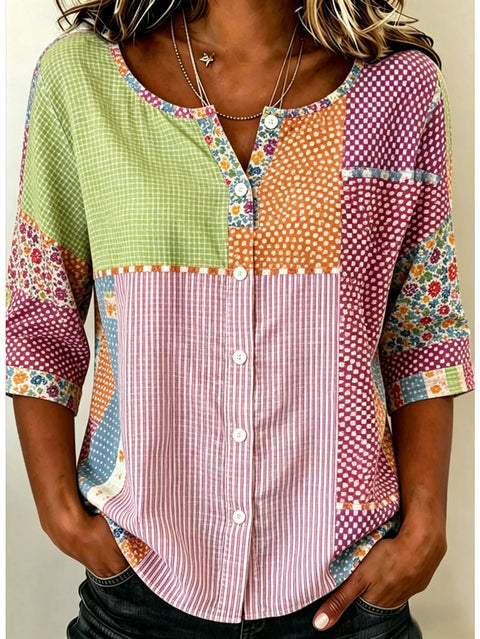 Women's Top Printed Casual Short Sleeve Collarless Shirt m303047
