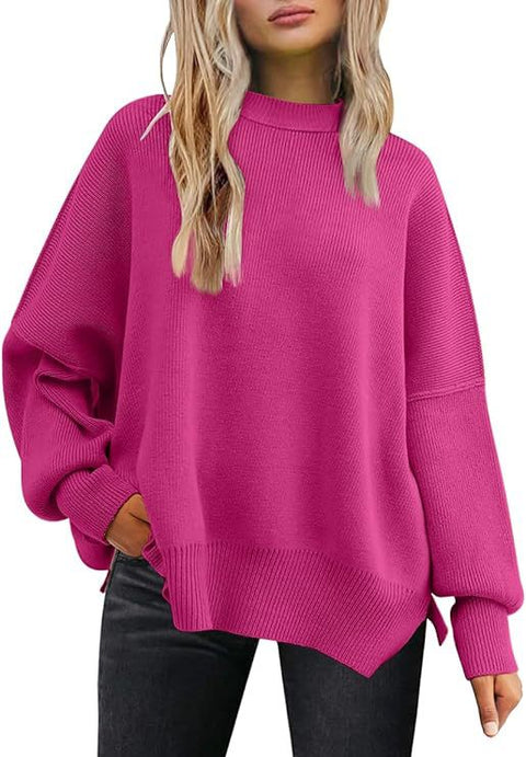 Crew neck bat wing long-sleeved sweater autumn knitted side slit jumper m301590