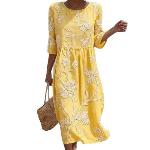 Women's medium and long sleeves side bag crew neck dress seaside vacation loose dress m302606