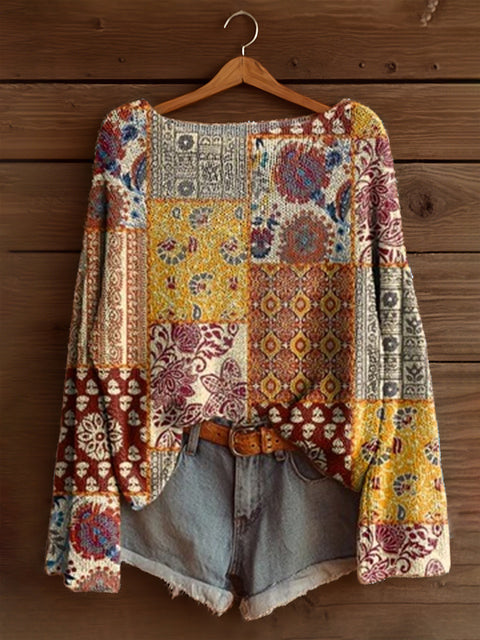 Vacation print casual cape top crew neck knitted sweater m302130