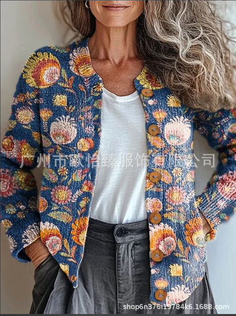 Autumn new colorful warm sunshine flower sea printed button cardigan m301725