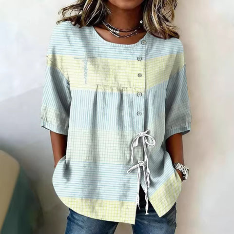 Temperament women's long-sleeved shirt printed top lace-up shirt m302925