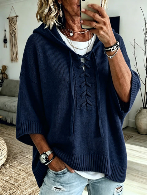 Strap-on hooded 7-point sleeve knitted sweater lazy loose pullover sweater m303004