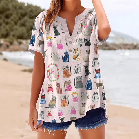Printed V-neck pullover short-sleeved T-shirt m303021