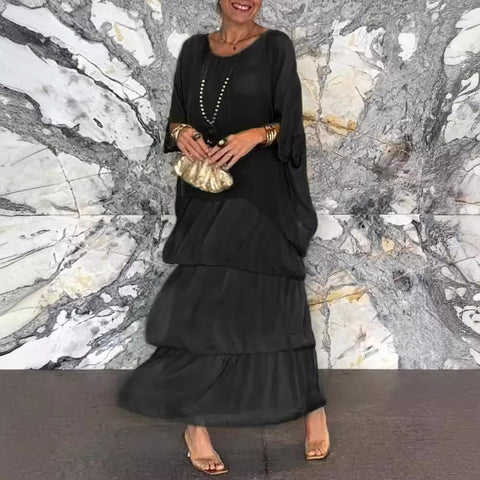 Fashion women's temperament round neck bat sleeve long dress m301334