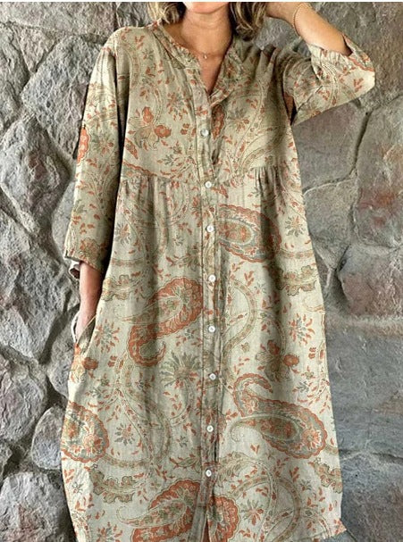 Women's Loose Crew Neck Fashion Premium Long Sleeve Printed Shirt Dress m301050