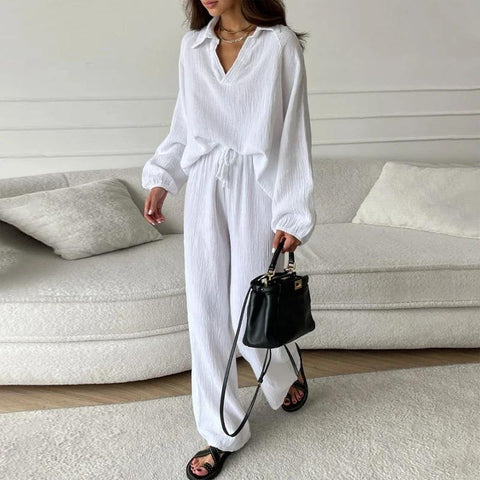 Elegant women's casual loose suit women's long-sleeved top + drawstring trousers suit autumn lapel two-piece set m301184
