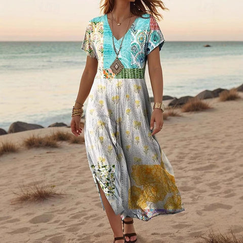 Creative floral women's summer new V-neck short-sleeved dress m301230