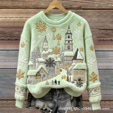 Digital printed flannel christmas ladies crew neck sweater autumn and winter m302198