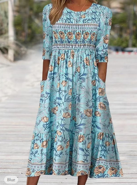 Ladies Casual Crew Neck Pullover Short Sleeve 3D Printing Pleated Waist Swing Long Dress Dress m301299