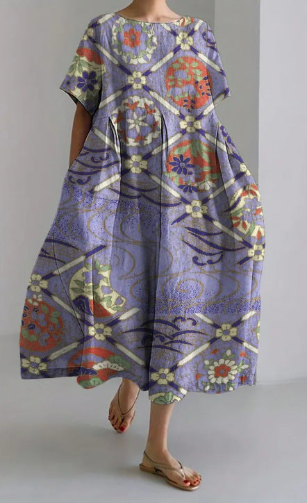 Loose new retro floral loose women's printed long dress m300916
