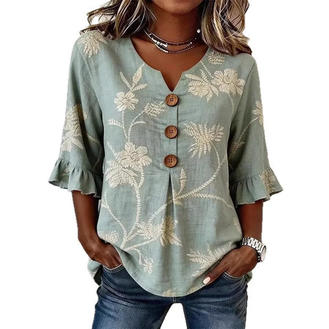 Small V-neck shirt flared sleeve printed button-down shirt m302753