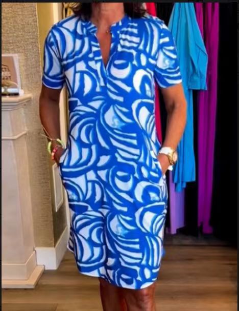 Short sleeve printed V-neck fashion dress m301312