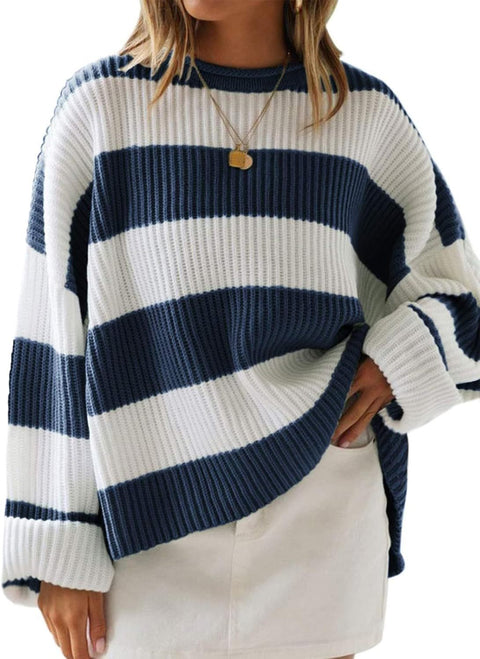 Crew neck long sleeve striped knitted sweater flared sleeve loose sweater women m301591
