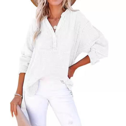 Pleated button long sleeve solid color top women's shirt loose cotton jumper m301576