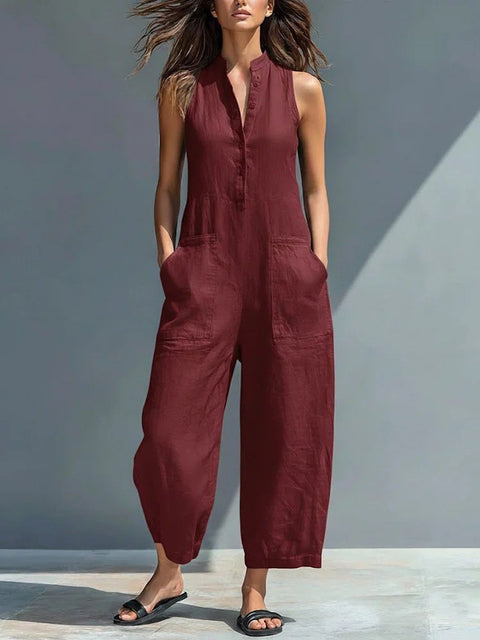 Sleeveless stand-up collar pocket jumpsuit m302843