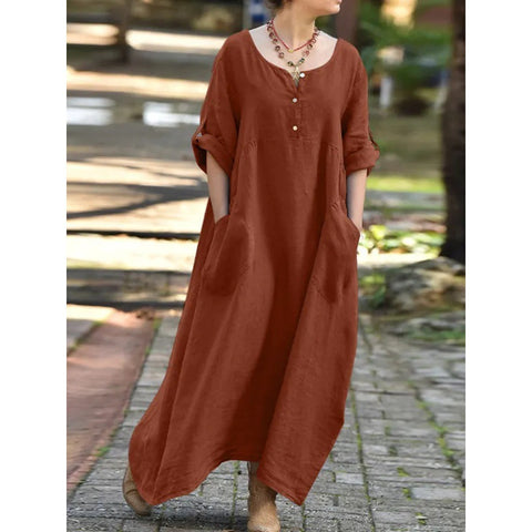 Women's Casual Loose Flip Sleeves Long Sleeves Crew Neck Pocket Large Size Cotton and Linen Dress Women's M302067