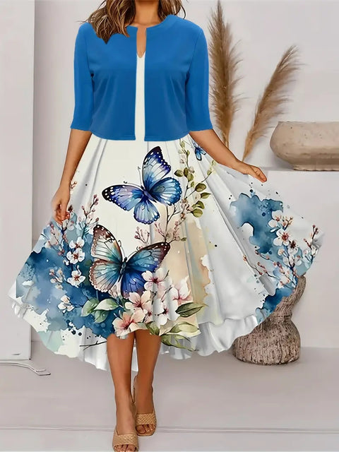 New women's long dress two-piece set flower and grass print crew neck dress jacket m302471