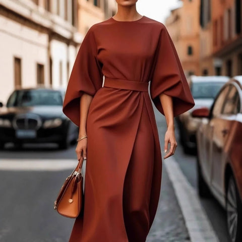Fashion temperament elegant solid color waist dress casual bat sleeve long dress m301326