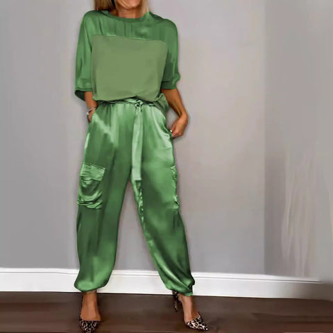 Women's smooth satin half-sleeved top and pants set two-piece set m301649