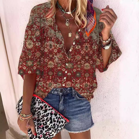 Fashion summer European and American women's clothing stand-up collar loose button retro printed casual shirt m301723
