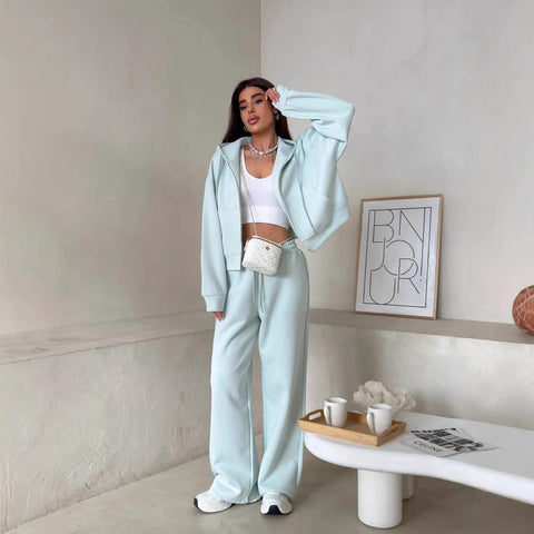 Long Sleeve Zipper Cardigan Hooded Sweater Lace-Up Pants Two-piece Cotton M301805