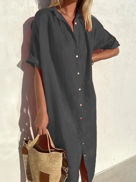 Elegant Casual Loose Short Sleeve Button Cotton and Linen Long Pocket Shirt Dress m301256