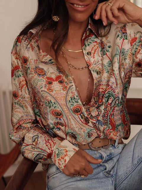 Casual summer new long-sleeved printed lapel shirt casual vacation women's shirt m301605
