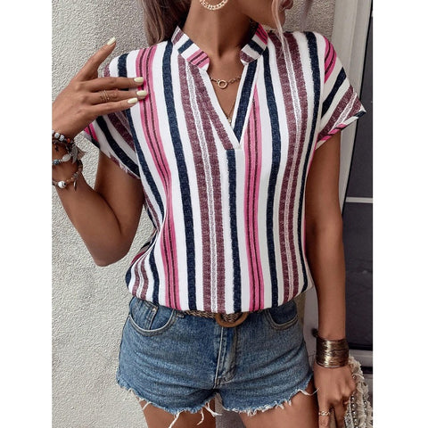 Striped print V-neck bat sleeve shirt T-shirt m302617