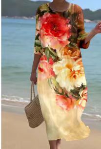 Loose crew neck fashion high-end long-sleeved printed dress m301053